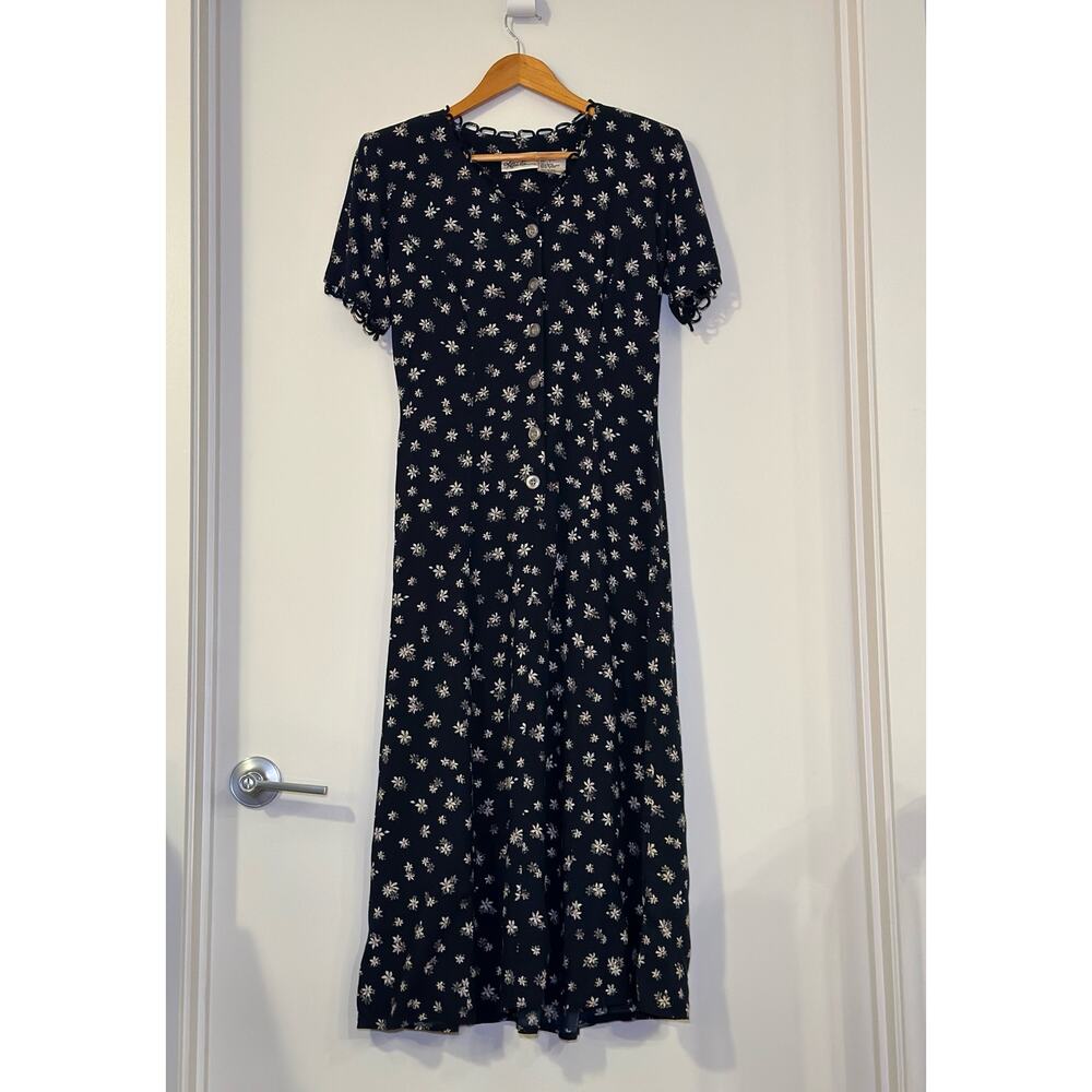 Vintage Kathie Lee Size 6 Floral Dress Black White Short Sleeve Loop Details